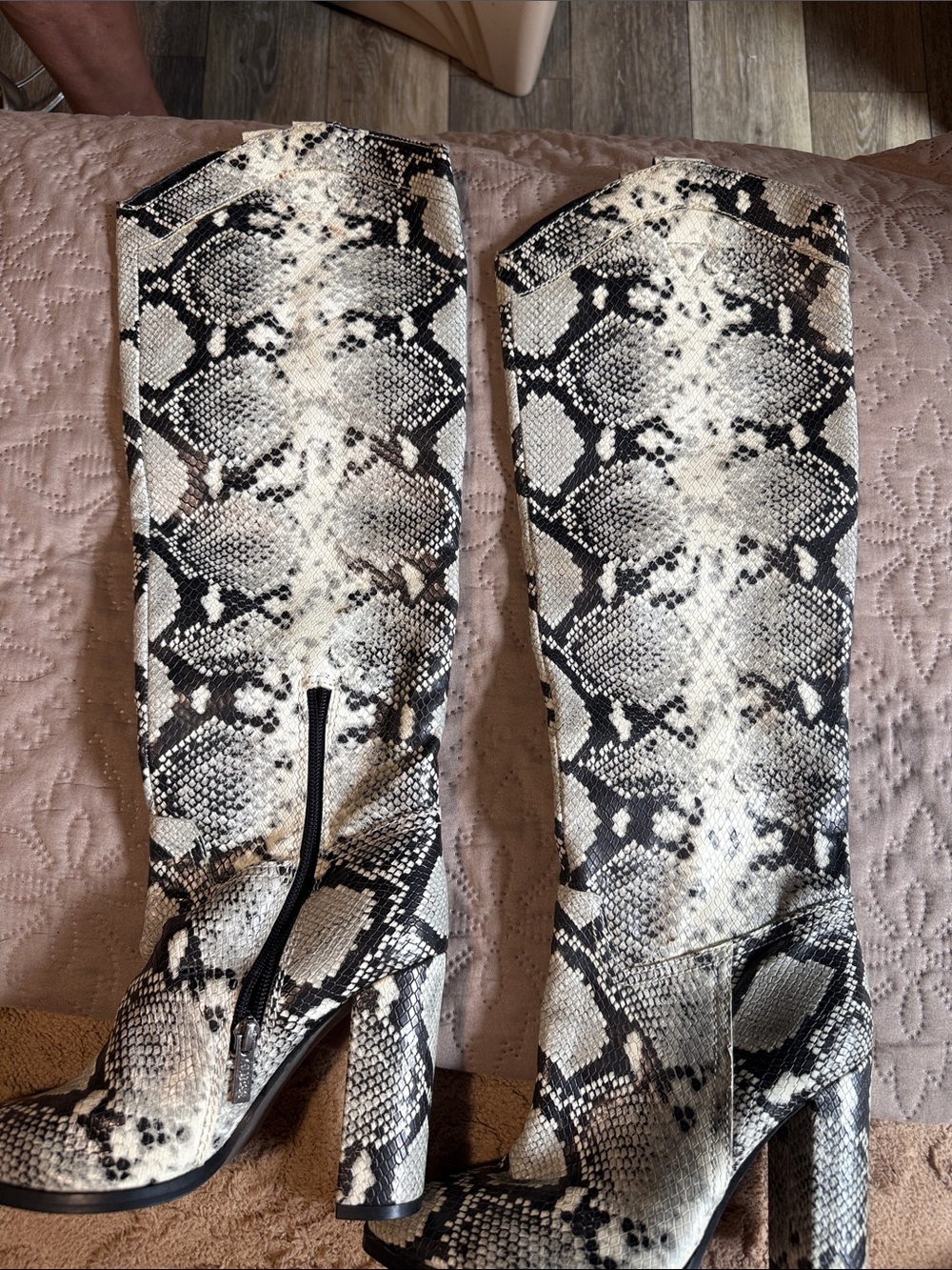 Guess Black & White Snake-Print Knee-High Boots